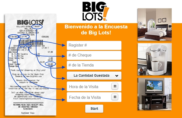 big lots survey page in Spanish 